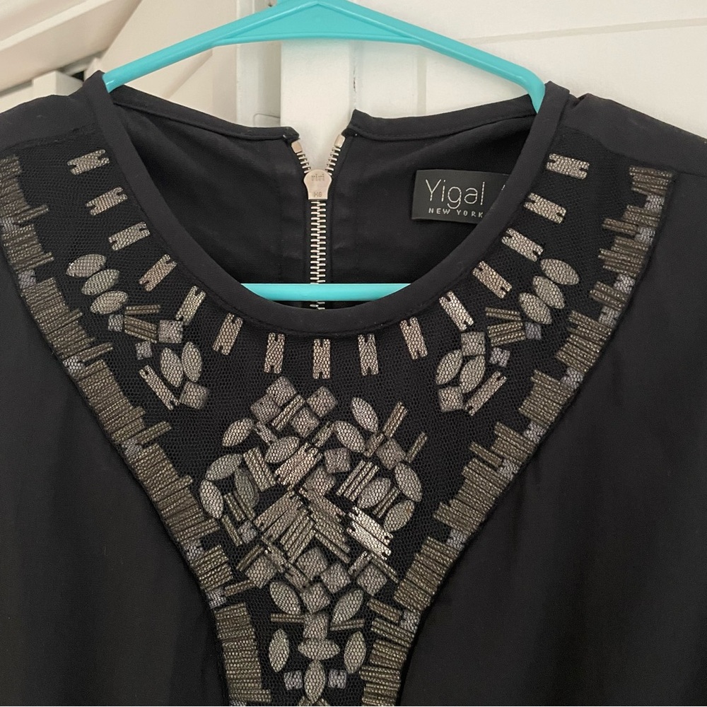 Stunning black dress with embellished front. EUC